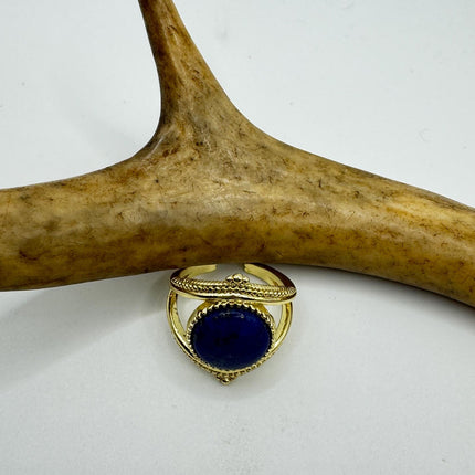Vintage Blue Lapis Lazuli Crystal Cocktail Ring gold filled adjustable