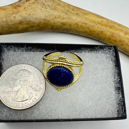 Vintage Blue Lapis Lazuli Crystal Cocktail Ring gold filled adjustable