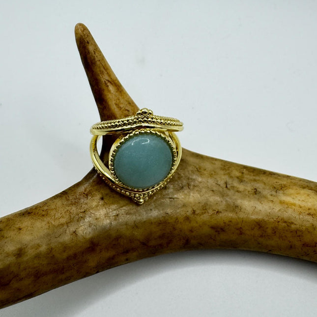 Vintage Gold Bronze Green Amazonite adjustable ring