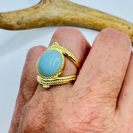 Vintage Gold Bronze Green Amazonite adjustable ring