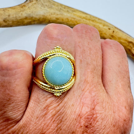 Vintage Gold Bronze Green Amazonite adjustable ring