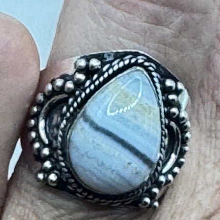 Vintage Blue Lace Agate Crystal Cocktail Ring 925 Sterling Silver, Antique Style Design