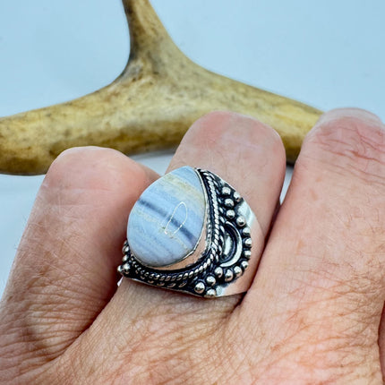 Vintage Blue Lace Agate Crystal Cocktail Ring 925 Sterling Silver, Antique Style Design