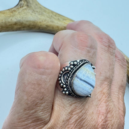 Vintage Blue Lace Agate Crystal Cocktail Ring 925 Sterling Silver, Antique Style Design