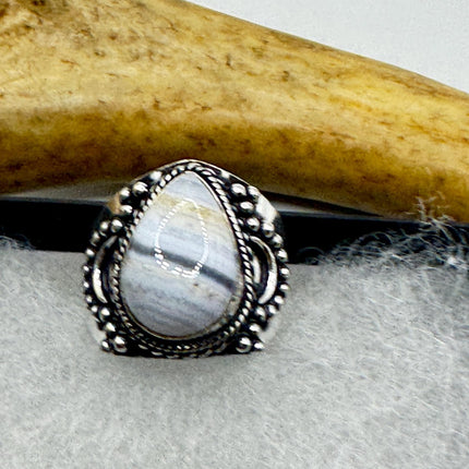 Vintage Blue Lace Agate Crystal Cocktail Ring 925 Sterling Silver, Antique Style Design