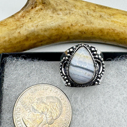 Vintage Blue Lace Agate Crystal Cocktail Ring 925 Sterling Silver, Antique Style Design