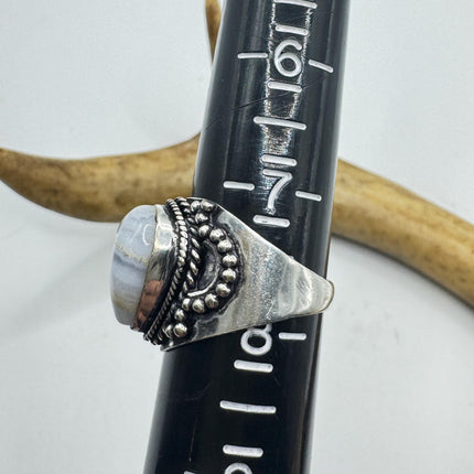 Vintage Blue Lace Agate Crystal Cocktail Ring 925 Sterling Silver, Antique Style Design