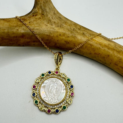 Vintage Lady of Guadalupe Pendant Necklace: Pearl Amulet, 9k Gold Filled Chain