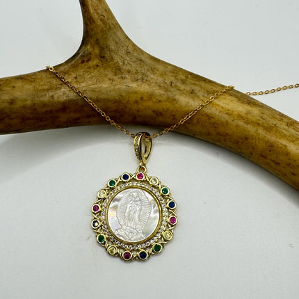 Vintage Lady of Guadalupe Pendant Necklace: Pearl Amulet, 9k Gold Filled Chain