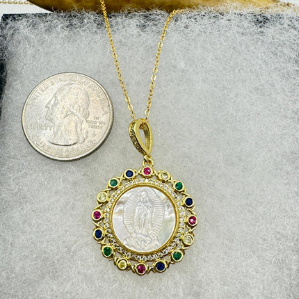 Vintage Lady of Guadalupe Pendant Necklace: Pearl Amulet, 9k Gold Filled Chain