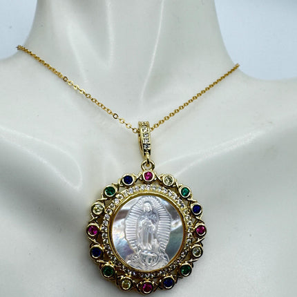 Vintage Lady of Guadalupe Pendant Necklace: Pearl Amulet, 9k Gold Filled Chain