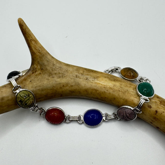 Vintage Mixed Agate Gemstone Scarab Station Bracelet | White Gold Filled setting Stacking Layered