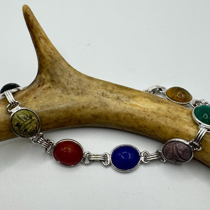 Vintage Mixed Agate Gemstone Scarab Station Bracelet | White Gold Filled setting Stacking Layered