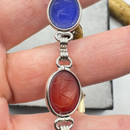 Vintage Mixed Agate Gemstone Scarab Station Bracelet | White Gold Filled setting Stacking Layered