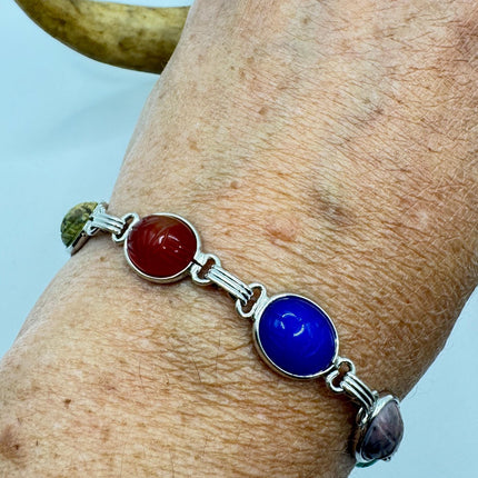 Vintage Mixed Agate Gemstone Scarab Station Bracelet | White Gold Filled setting Stacking Layered