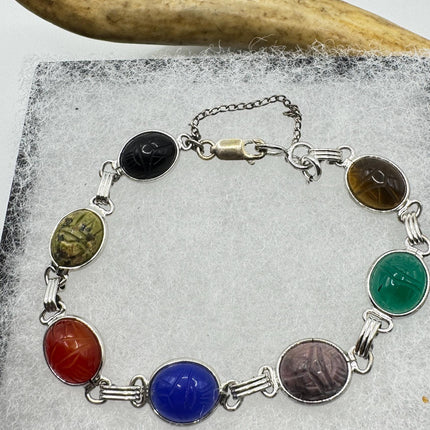 Vintage Mixed Agate Gemstone Scarab Station Bracelet | White Gold Filled setting Stacking Layered