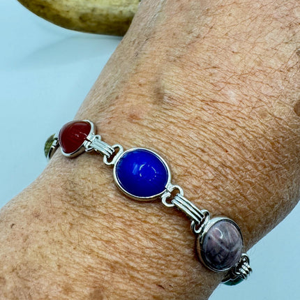 Vintage Mixed Agate Gemstone Scarab Station Bracelet | White Gold Filled setting Stacking Layered