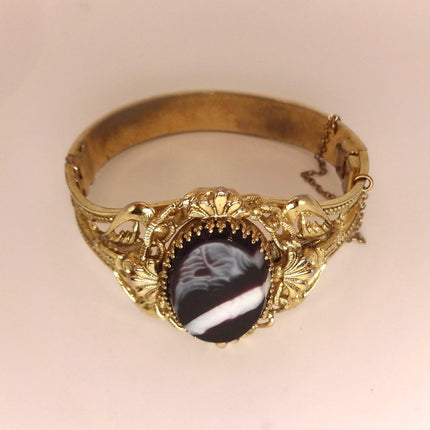 Vintage Black Banded Agate Bangle | Sparkling Cuff Bracelet | Elegant Wedding Everyday