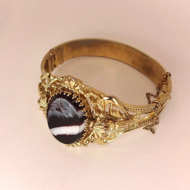 Vintage Black Banded Agate Bangle | Sparkling Cuff Bracelet | Elegant Wedding Everyday