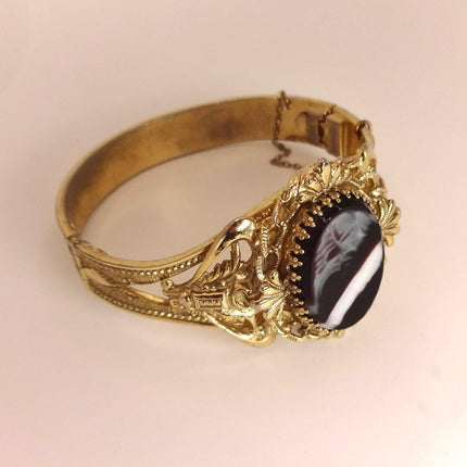 Vintage Black Banded Agate Bangle | Sparkling Cuff Bracelet | Elegant Wedding Everyday