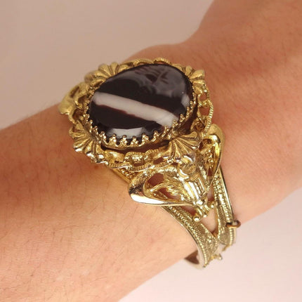 Vintage Black Banded Agate Bangle | Sparkling Cuff Bracelet | Elegant Wedding Everyday