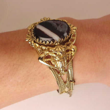 Vintage Black Banded Agate Bangle | Sparkling Cuff Bracelet | Elegant Wedding Everyday