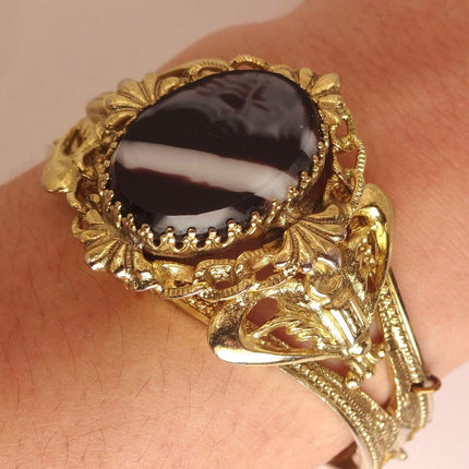 Vintage Black Banded Agate Bangle | Sparkling Cuff Bracelet | Elegant Wedding Everyday