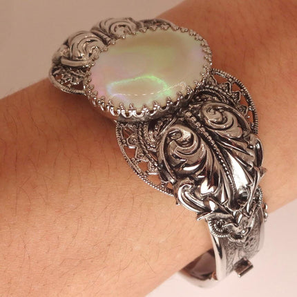 Vintage White Mother of Pearl Bangle | Sparkling Cuff Bracelet | Elegant Wedding Everyday