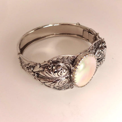 Vintage White Mother of Pearl Bangle | Sparkling Cuff Bracelet | Elegant Wedding Everyday