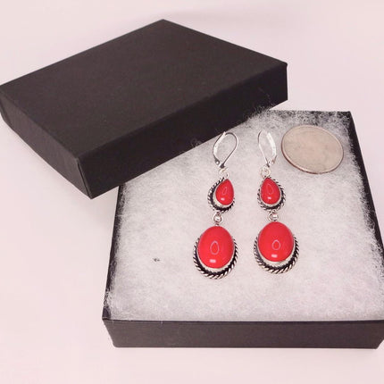 Vintage Red Glass Silver Earrings | 925 sterling Silver Lever Backs