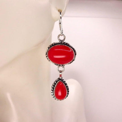 Vintage Red Glass Silver Earrings | 925 sterling Silver Lever Backs