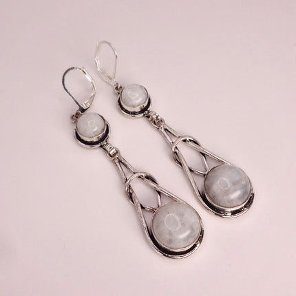 Vintage Rainbow Moonstone Dangle Earrings Sterling Silver Leverbacks