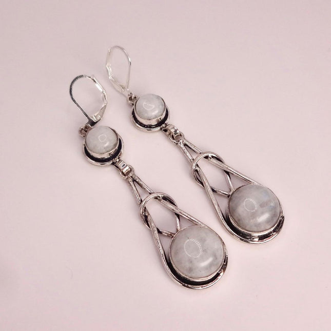 Vintage Rainbow Moonstone Dangle Earrings Sterling Silver Leverbacks