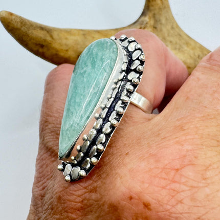 Vintage Silver Bronze Green Amazonite Ring: Unique Statement Jewelry