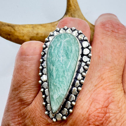 Vintage Silver Bronze Green Amazonite Ring: Unique Statement Jewelry