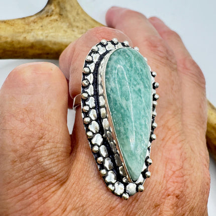 Vintage Silver Bronze Green Amazonite Ring: Unique Statement Jewelry