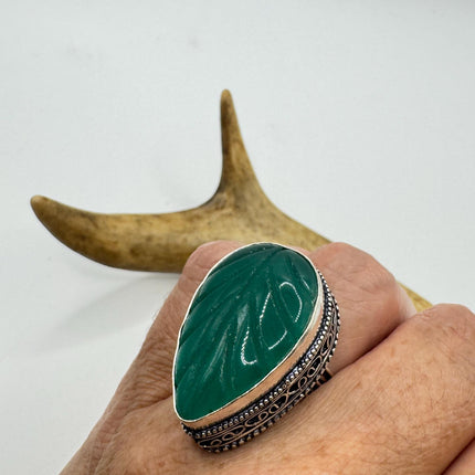 Vintage Silver Bronze Ring: Green Chrysoprase Statement