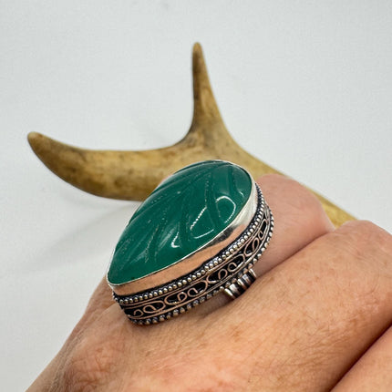 Vintage Silver Bronze Ring: Green Chrysoprase Statement