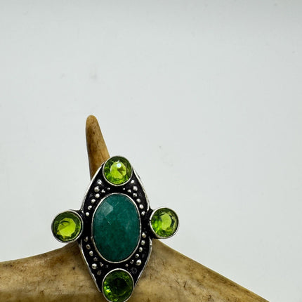 Vintage Green Emerald Boho Cocktail Statement Ring Silver