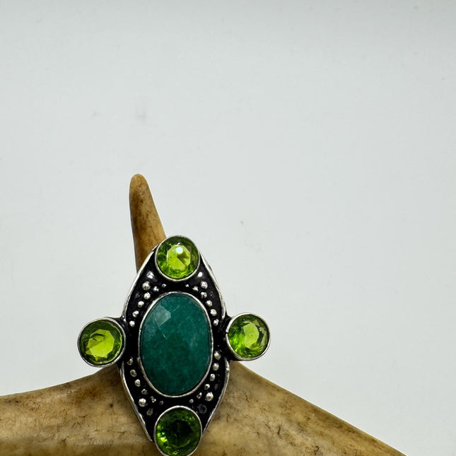 Vintage Green Emerald Boho Cocktail Statement Ring Silver