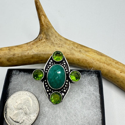 Vintage Green Emerald Boho Cocktail Statement Ring Silver