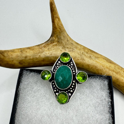 Vintage Green Emerald Boho Cocktail Statement Ring Silver