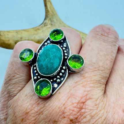 Vintage Green Emerald Boho Cocktail Statement Ring Silver
