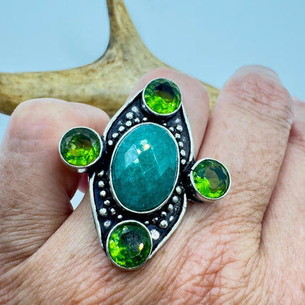Vintage Green Emerald Boho Cocktail Statement Ring Silver