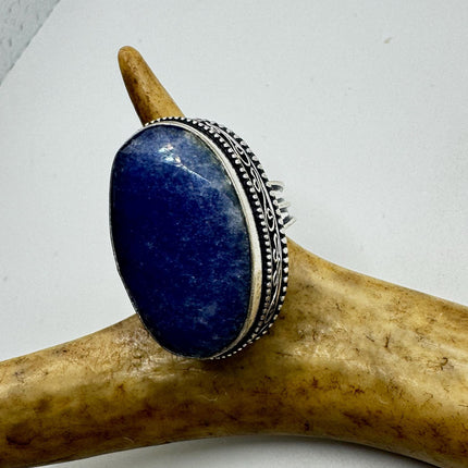 Vintage Raw Blue Sapphire Ring: Handmade Silver Bronze Boho Jewelry