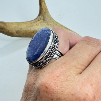 Vintage Raw Blue Sapphire Ring: Handmade Silver Bronze Boho Jewelry