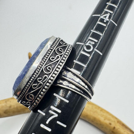 Vintage Raw Blue Sapphire Ring: Handmade Silver Bronze Boho Jewelry