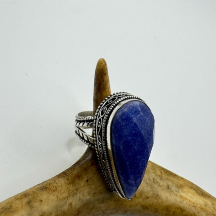Vintage Raw Blue Sapphire Ring: Handmade Silver Bronze Boho Jewelry