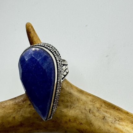 Vintage Raw Blue Sapphire Ring: Handmade Silver Bronze Boho Jewelry