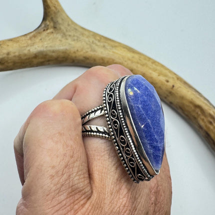 Vintage Raw Blue Sapphire Ring: Handmade Silver Bronze Boho Jewelry